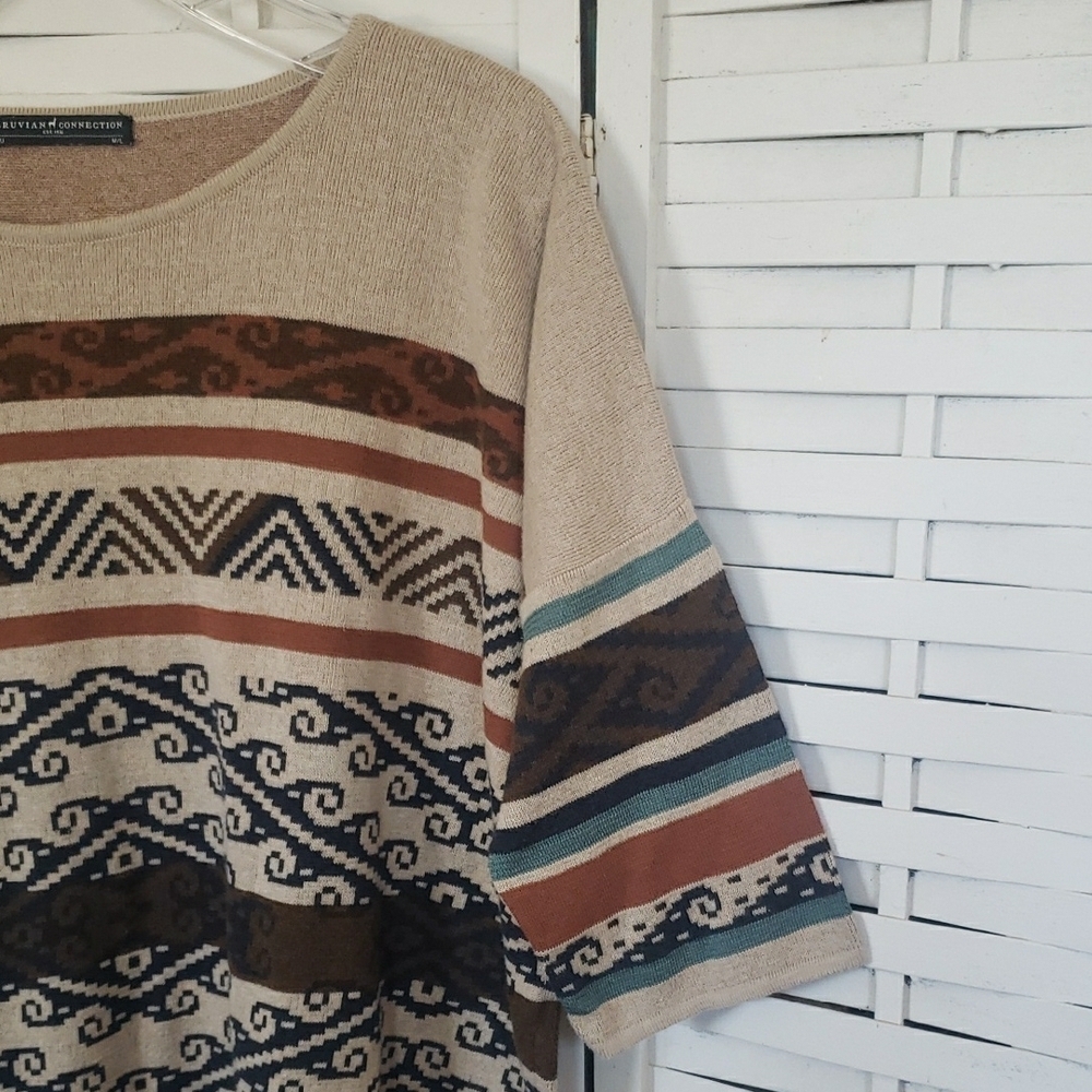 Peruvian Connection Neutral Aztec Striped Knit Top Size M/L - Picture 3 of 6
